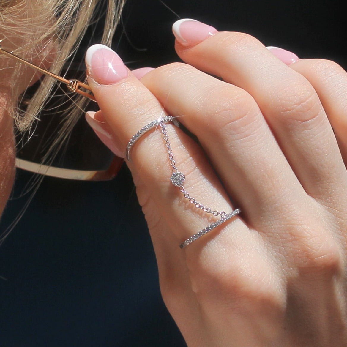 Tether Glow Ring – Linked Double Ring in Rhodium or Rose Gold