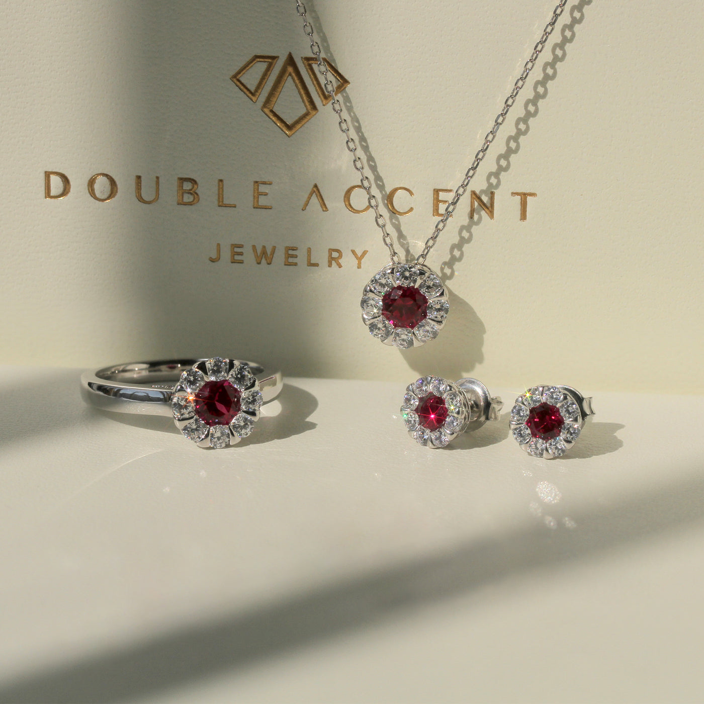 Illusion Invisible Setting Ruby Jewelry Set: Ring, Necklace, Earrings