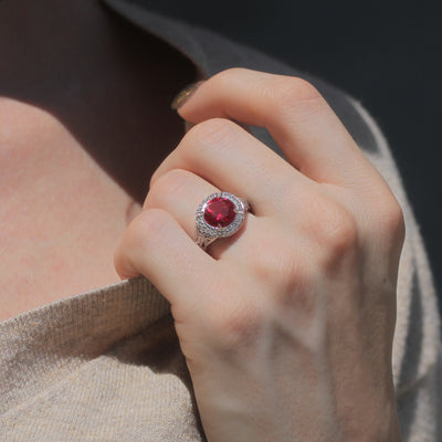 Sterling Silver Simulated Red Ruby, Vintage Halo Edwardian Ring