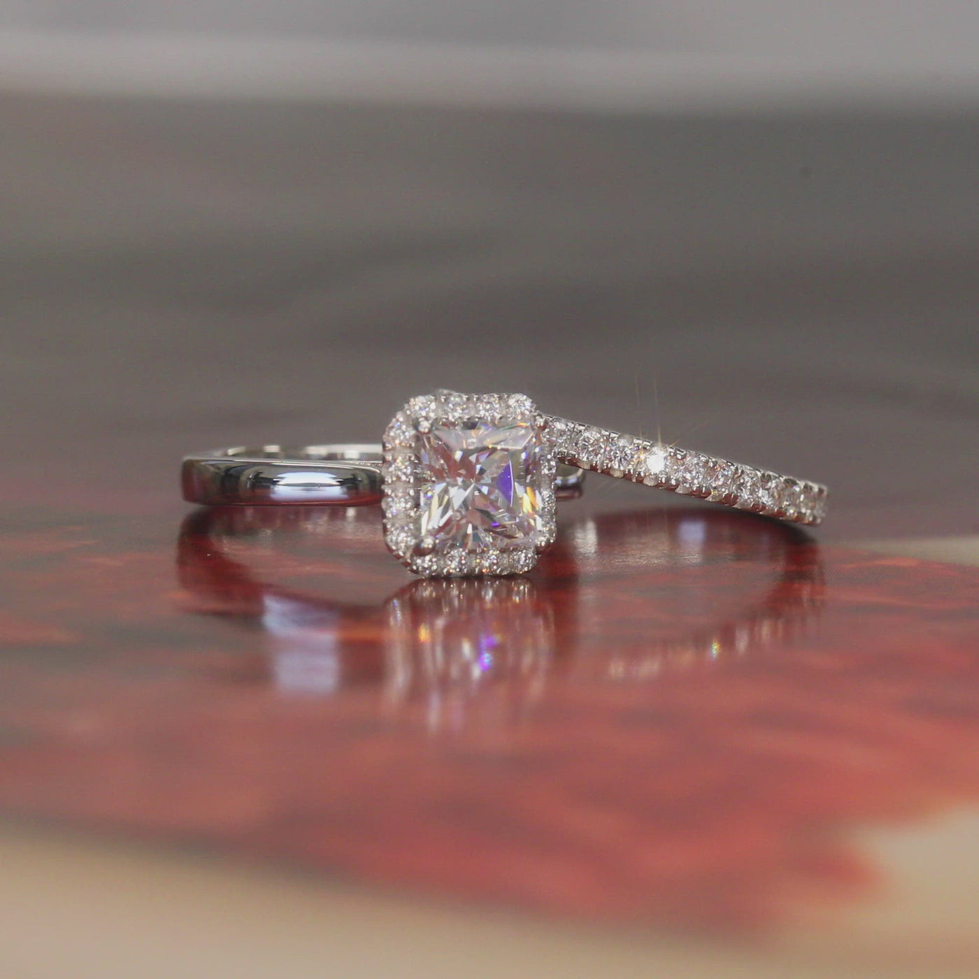 1.25 CT Princess Cut Halo Bridal Ring Set, Platinum Plated Sterling Silver