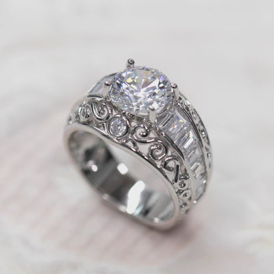 BRILLIANT 1.5 CT Filigree Domed Vintage Ring, Sterling Silver