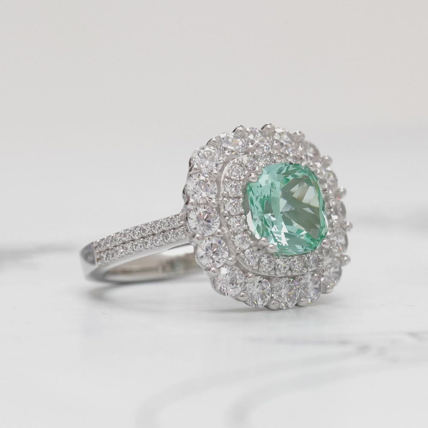 Green Cushion 2 CT Statement Ring, Platinum Plated Sterling Silver