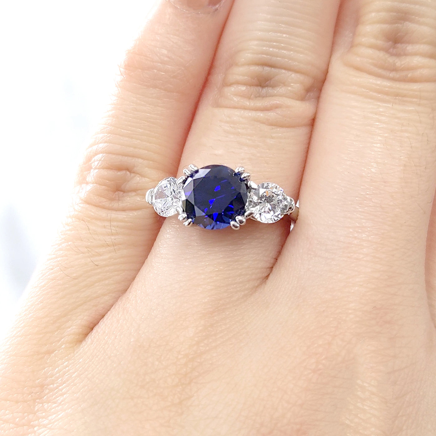 Custom Stackable Rings, Sterling Silver 3mm Eternity Band, 2 CT Simulated Blue Sapphire Ring