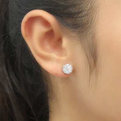 Flower Illusion Set Cluster Studs Gemstone Earrings, Platinum Plated Sterling Silver
