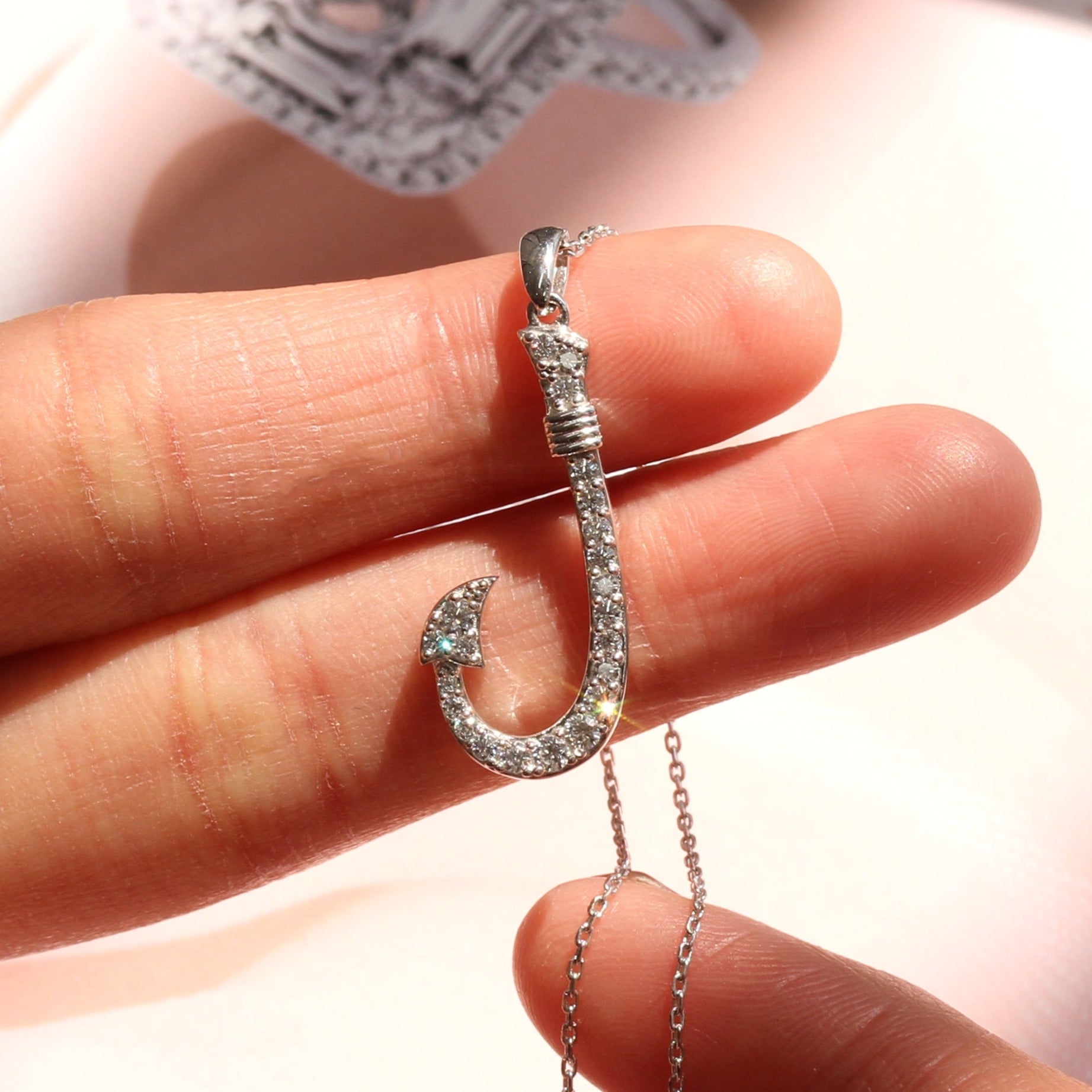 diamond fish hook jewelry Sterling Silver Anchor Pendant Necklace, Adjustable chain 18" Choker