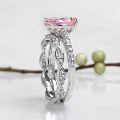 Pink Oval 2.5 CT Matching Twisted Full Eternity Band Bridal Ring Set, Sterling Silver