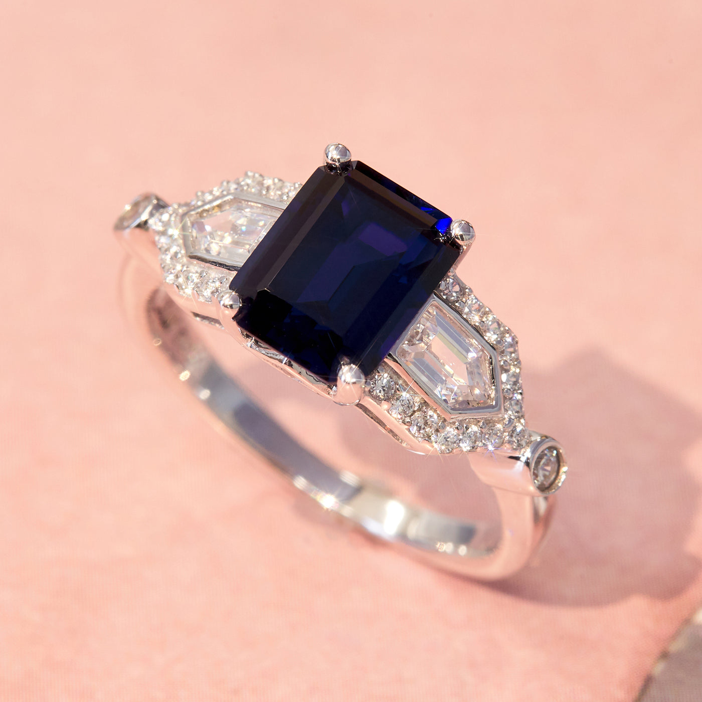 Emerald Cut 2.5 CT Simulated Blue Sapphire Ring, Platinum Plated Sterling Silver