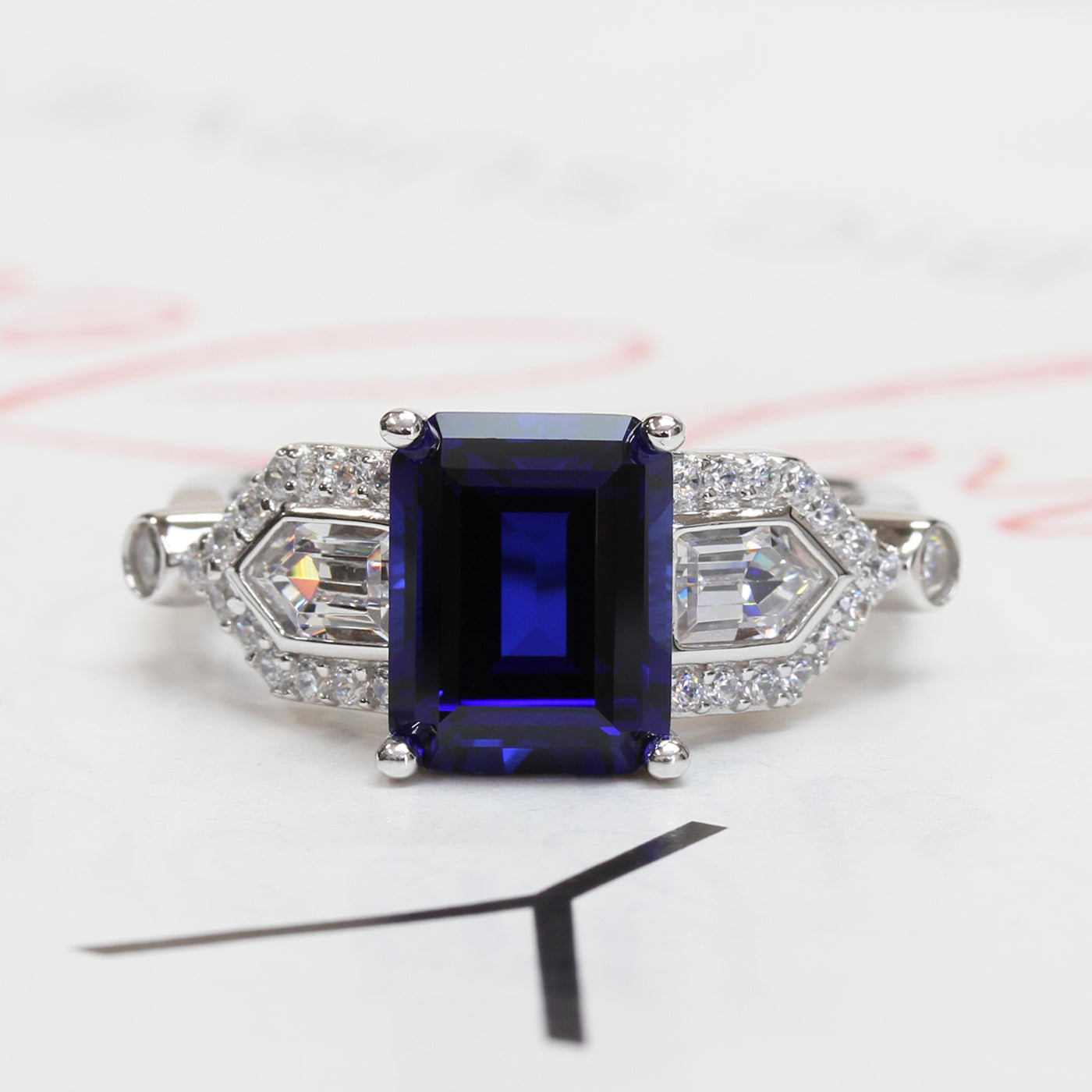 Emerald Cut 2.5 CT Simulated Blue Sapphire Ring, Platinum Plated Sterling Silver