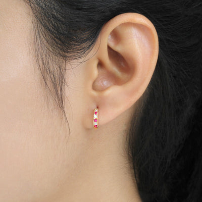Gemstone Huggie Hoop Earrings, Solid 14K Gold