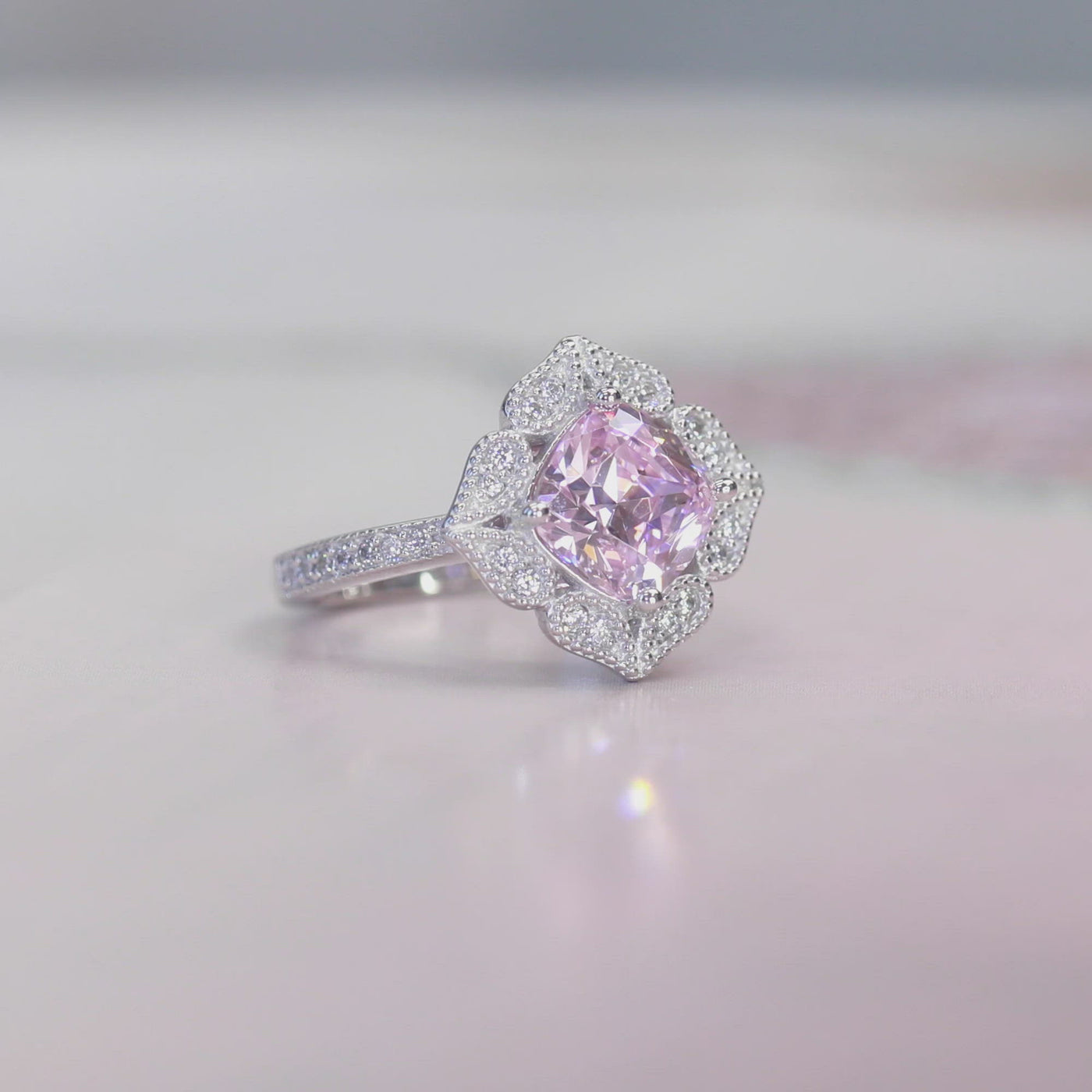 Sterling Silver Cushion Cut 2 CT Vintage Pink Ring