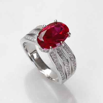 Sterling Silver 2 CT Simulated Ruby 3-Row Pave Ring