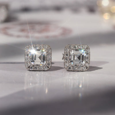 Sterling Silver Asscher Halo Vintage Stud Earrings