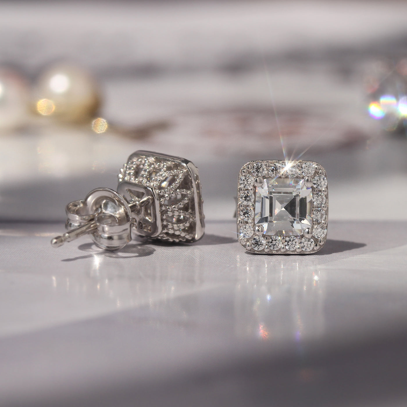 Sterling Silver Asscher Halo Vintage Stud Earrings