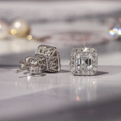 Sterling Silver Asscher Halo Vintage Stud Earrings