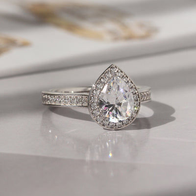 Sterling Silver Diamond Simulant Halo Pear Cut Ring
