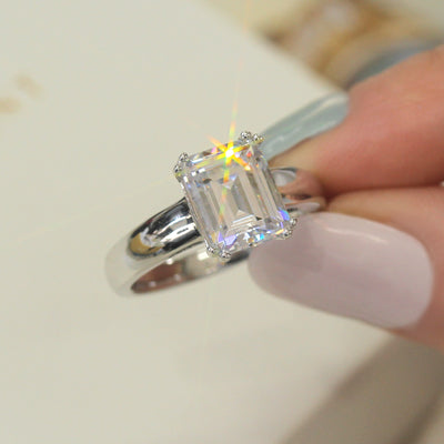 4 CT Emerald Cut Solitaire Ring, Platinum Plated Sterling Silver