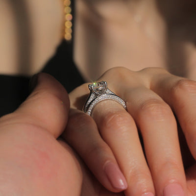 Radiant Balance Ring Set – 2 carat solitaire and pavé band in platinum silver