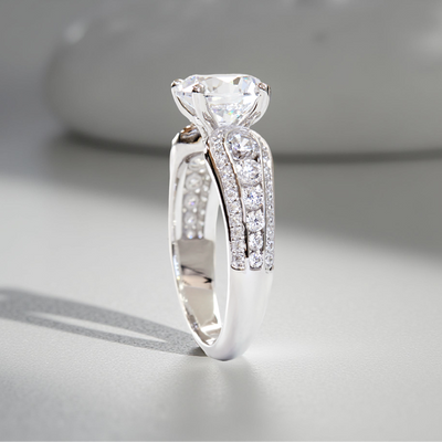 Side view – tapered platinum band and flowing accent design
