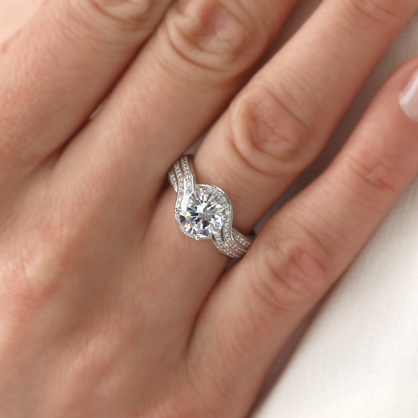 Dazzling Bypass: Three-Row CZ Engagement Ring