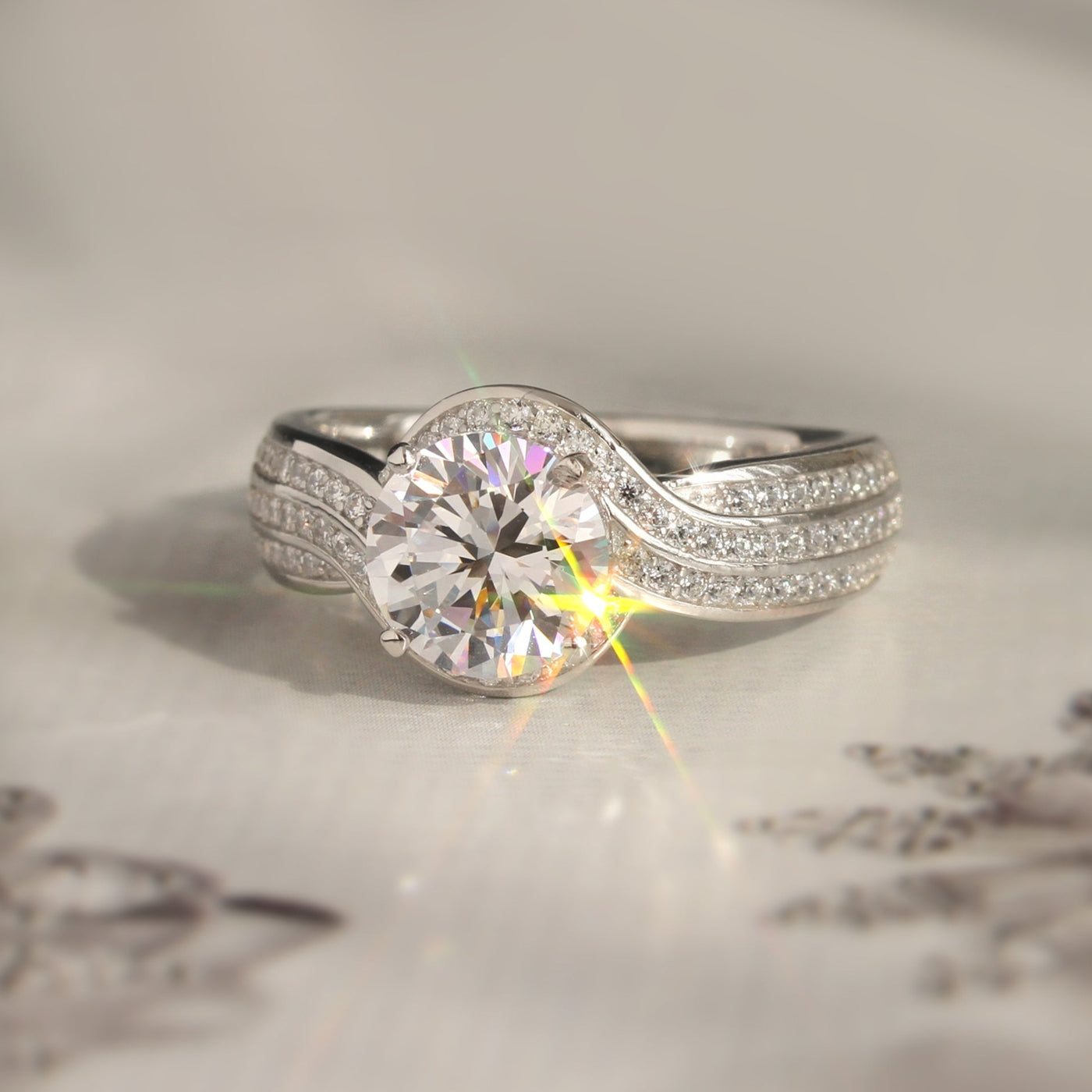 Dazzling Bypass: Three-Row CZ Engagement Ring