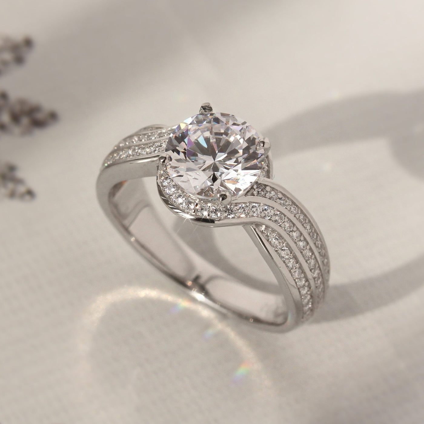 Dazzling Bypass: Three-Row CZ Engagement Ring