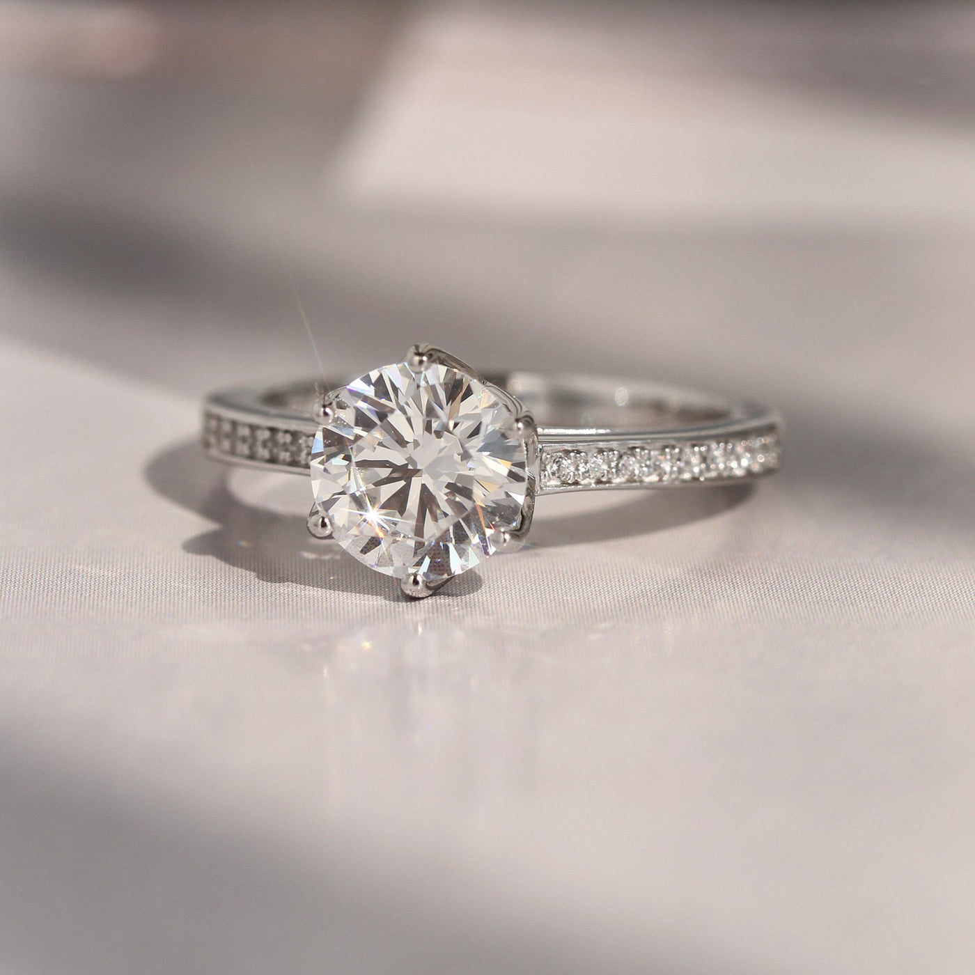 Sterling Silver Diamond Simulant Classic Petal Design Solitaire Ring