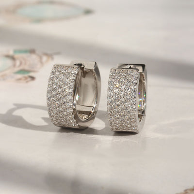 Pave Crest Huggies in rhodium-plated sterling silver with 5-row pave stones
