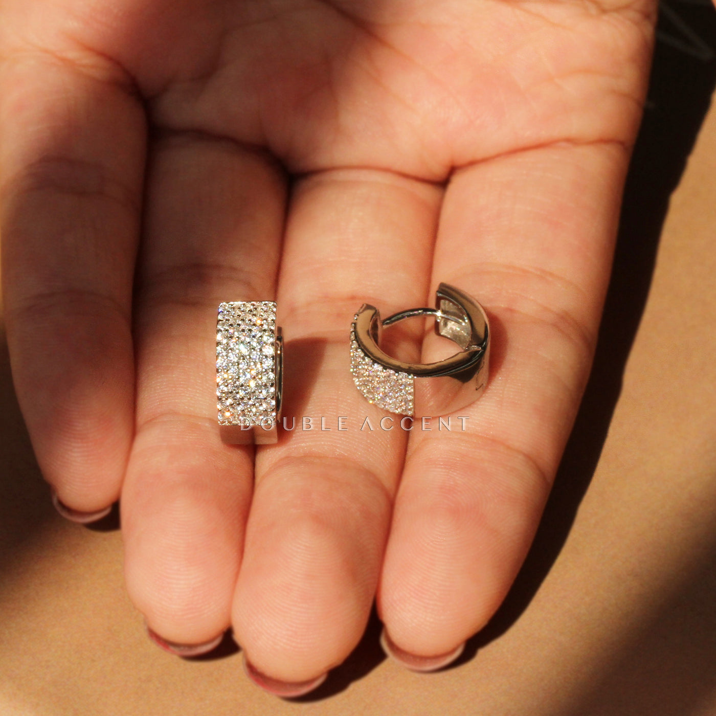 Double Accent Pave Crest Huggies with sparkled cubic zirconia surface