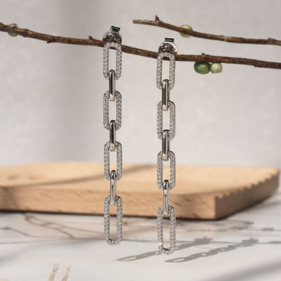 Long Pave Paperclip Chain Earrings