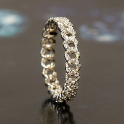 Linked Eternity Ring with pavé CZ in curb chain design, rhodium-plated silver.