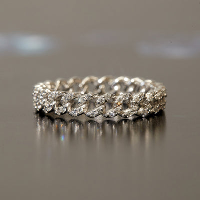 Linked Eternity Ring with pavé CZ in curb chain design, rhodium-plated silver.