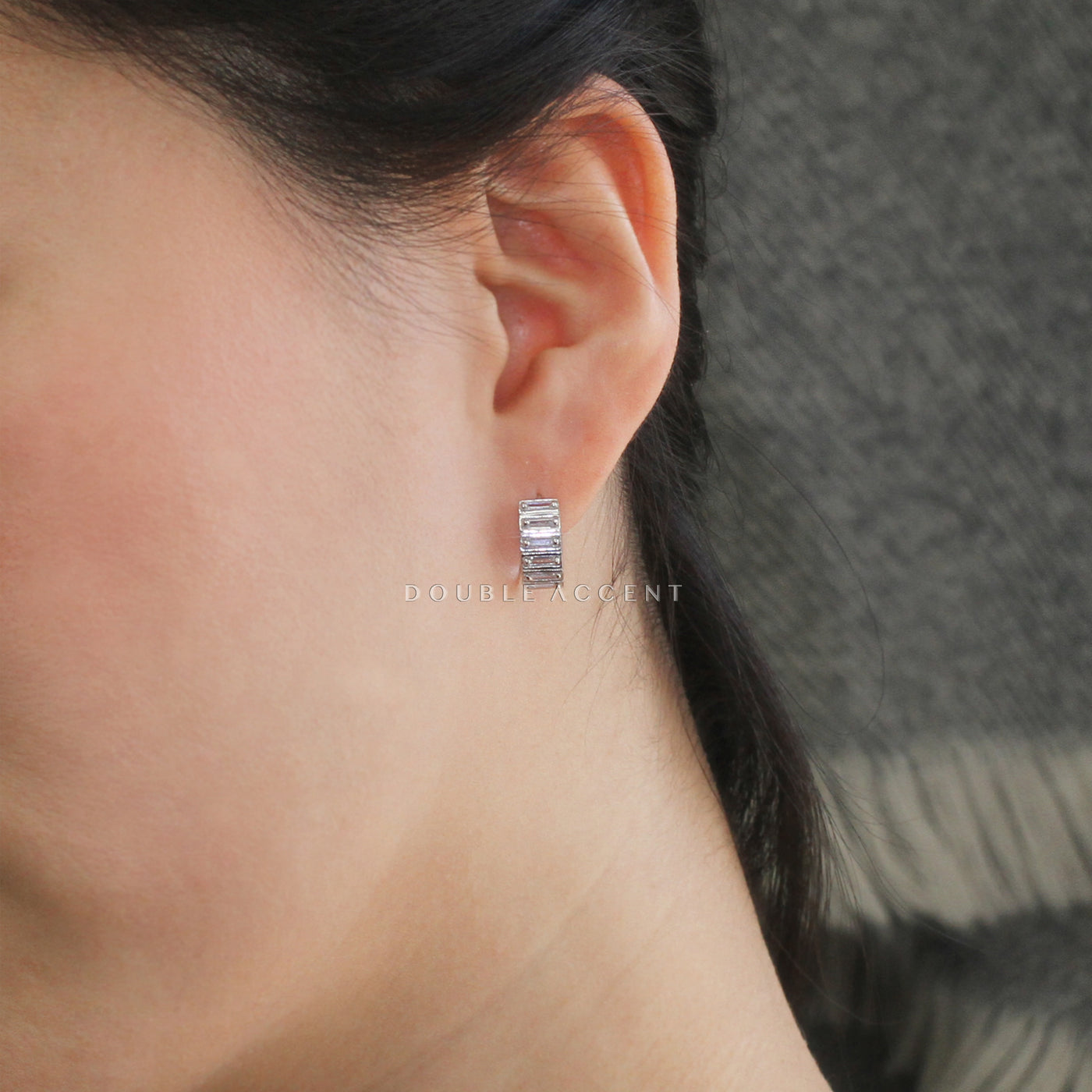 Rhodium-plated silver baguette huggie hoops 6mm x 13mm