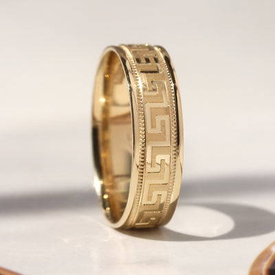 Greek Key Band Set — solid 14K gold wedding bands with continuous engraved eternity pattern