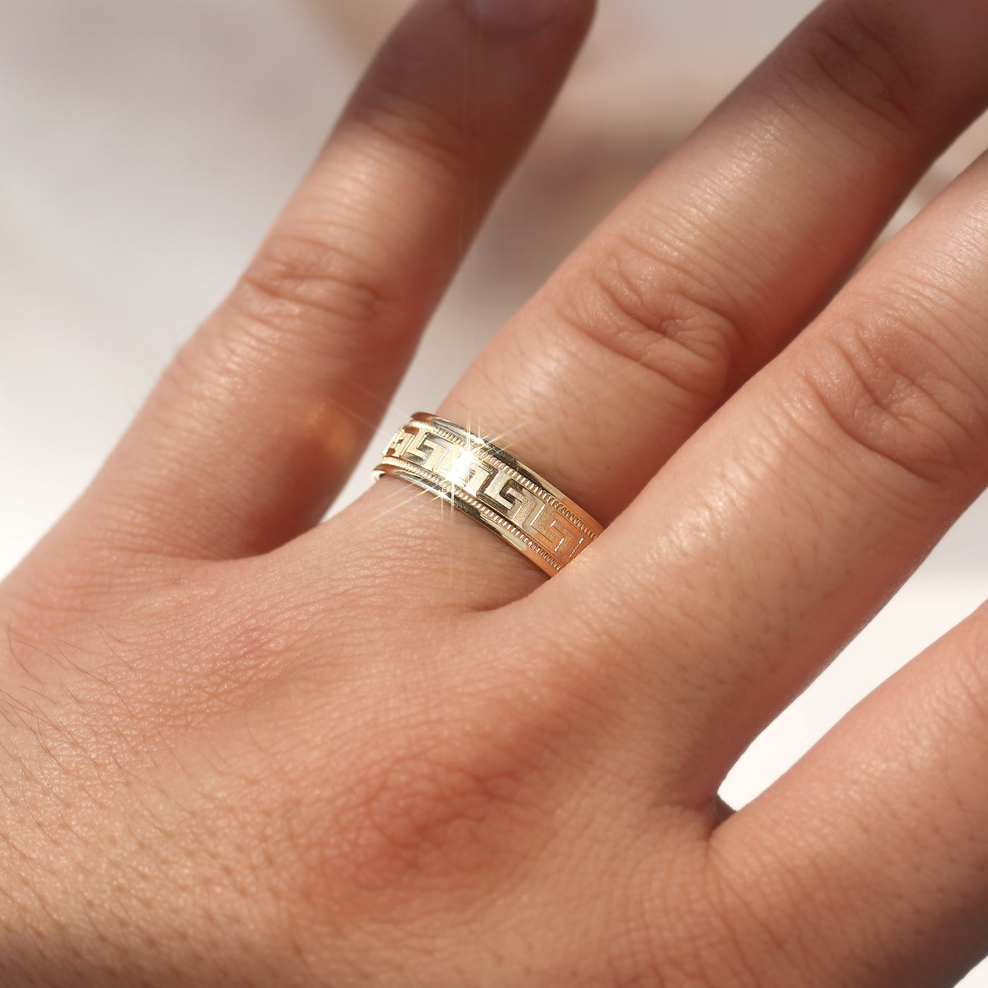 Greek Key Band Set — solid 14K gold wedding bands with continuous engraved eternity pattern