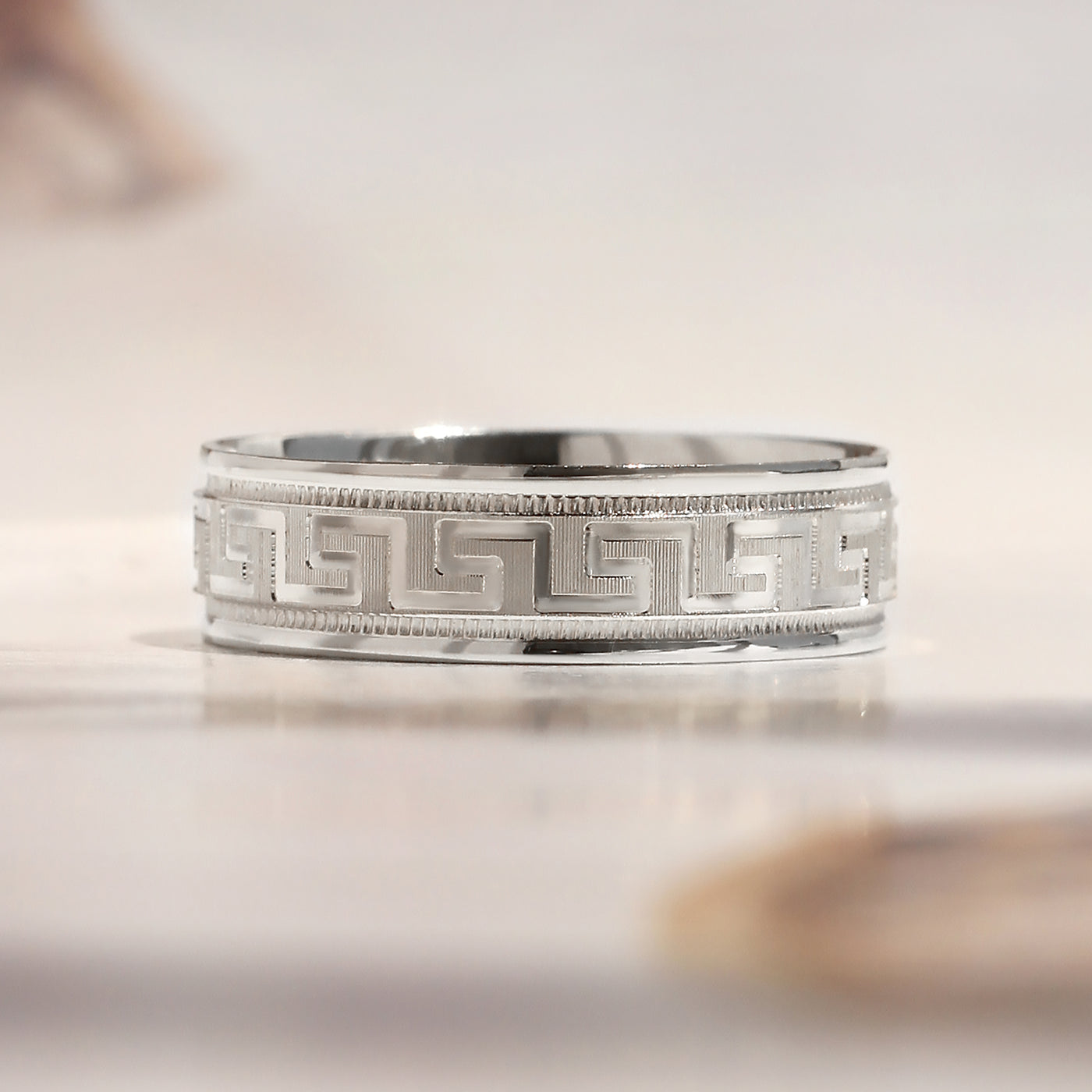 Greek Key Band Set — solid 14K white gold wedding bands with continuous engraved eternity pattern