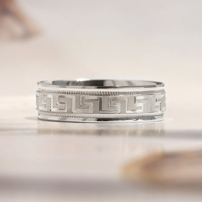 Greek Key Band Set — solid 14K white gold wedding bands with continuous engraved eternity pattern
