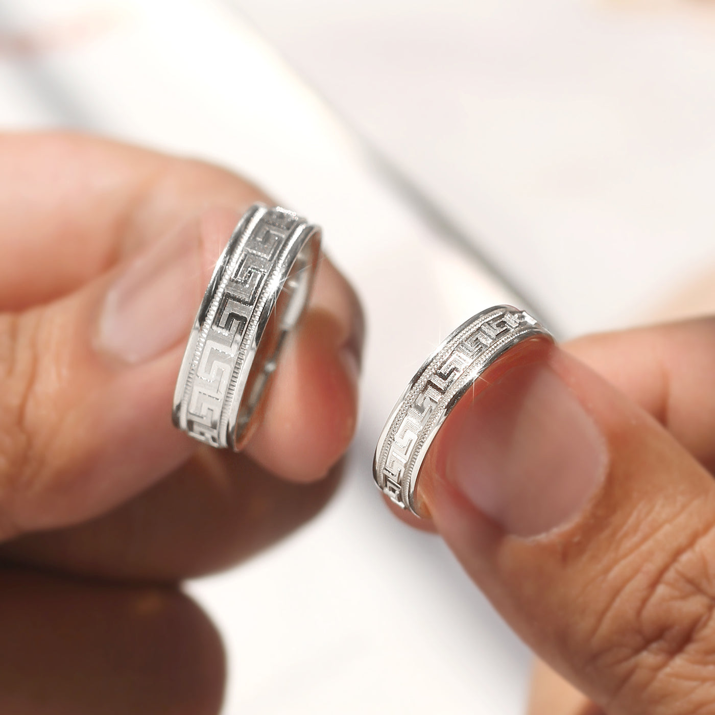 Greek Key Band Set — solid 14K white gold wedding bands with continuous engraved eternity pattern