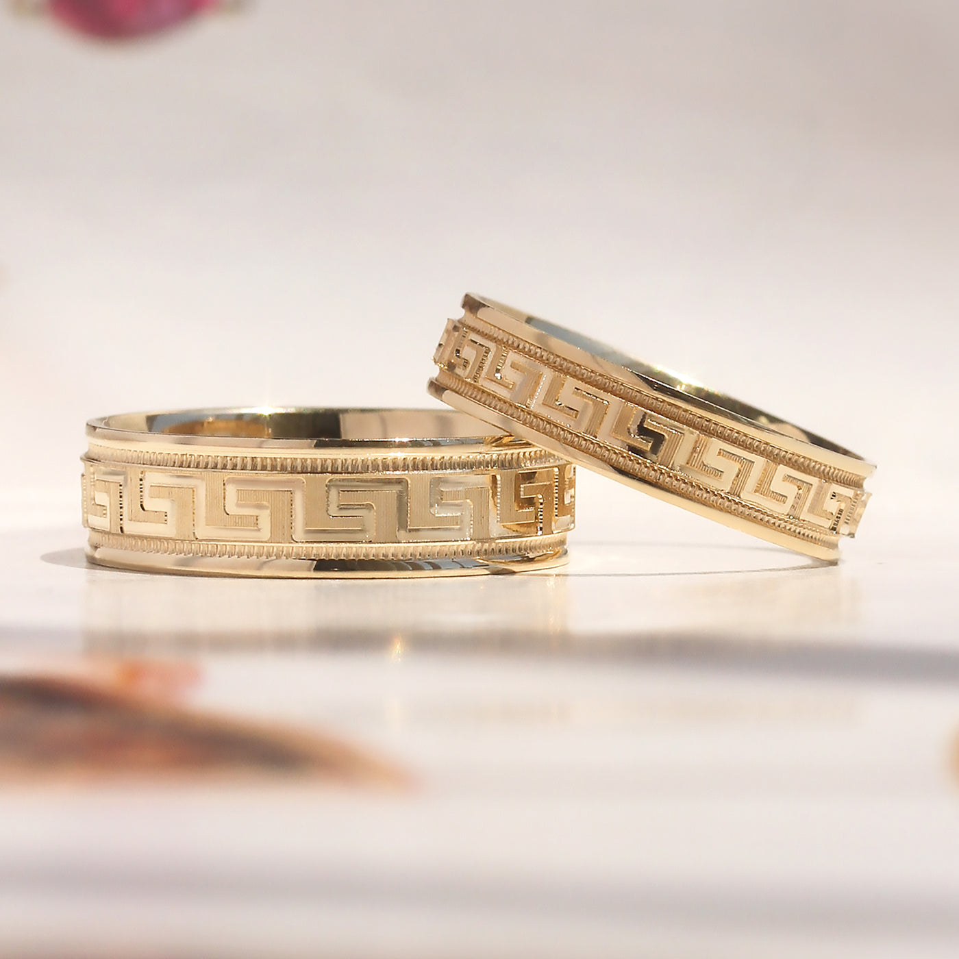Greek Key Band Set — solid 14K gold wedding bands with continuous engraved eternity pattern