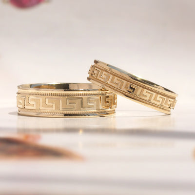Greek Key Band Set — solid 14K gold wedding bands with continuous engraved eternity pattern