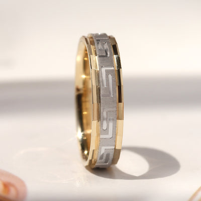 Duality Greek Key Band — two-tone 14K gold wedding ring with carved Greek Key eternity pattern