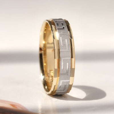 Duality Greek Key Band — two-tone 14K gold wedding ring with carved Greek Key eternity pattern