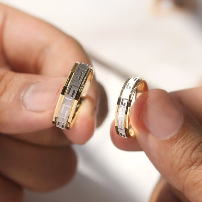 Duality Greek Key Band — two-tone 14K gold wedding ring with carved Greek Key eternity pattern
