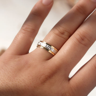 Duality Greek Key Band — two-tone 14K gold wedding ring with carved Greek Key eternity pattern