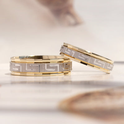 Duality Greek Key Band — two-tone 14K gold wedding ring with carved Greek Key eternity pattern