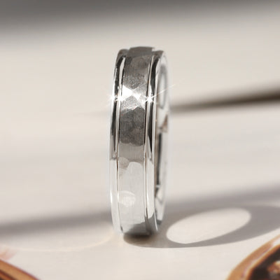 True Hammer Gold Band — hand-textured hammered wedding ring in solid 14K white gold with comfort fit