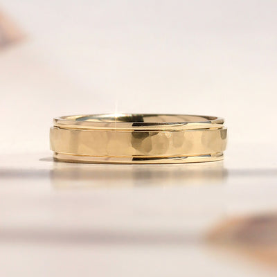True Hammer Gold Band — hand-textured hammered wedding ring in solid 14K gold with comfort fit