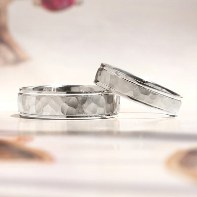 True Hammer Gold Band — hand-textured hammered wedding ring in solid 14K white gold with comfort fit
