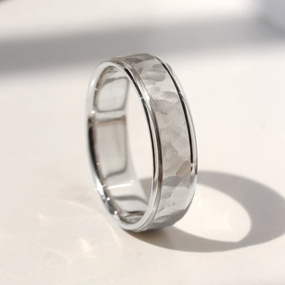 True Hammer Gold Band — hand-textured hammered wedding ring in solid 14K white gold with comfort fit