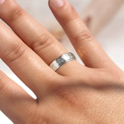True Hammer Gold Band — hand-textured hammered wedding ring in solid 14K white gold with comfort fit