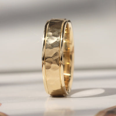 True Hammer Gold Band — hand-textured hammered wedding ring in solid 14K gold with comfort fit